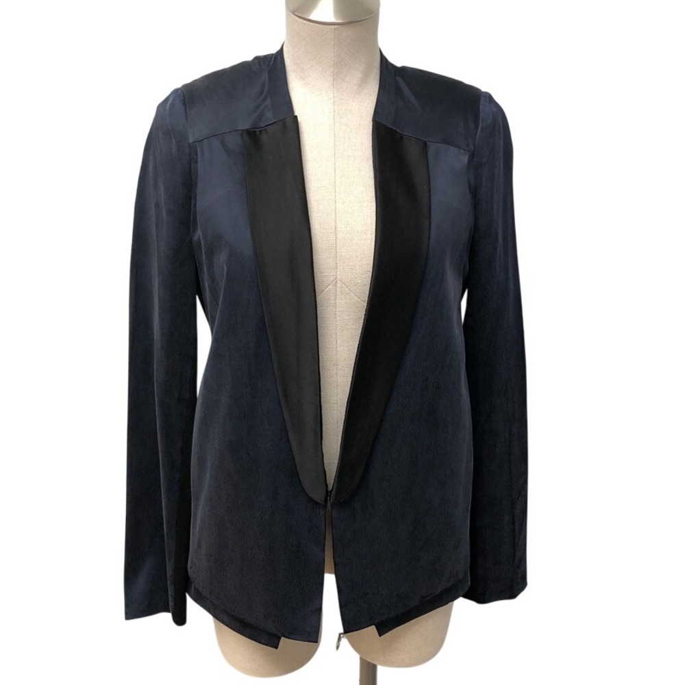 L.A.M.B. Blazer Womens 2 Navy Blue Silk Tuxedo Shawl Lapel Open Front Career